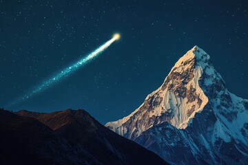 Wall Mural - A bright meteor streaks across a starry night sky, illuminating a majestic snow-capped mountain peak in a breathtaking celestial display.