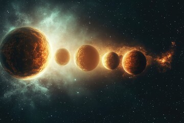 Wall Mural - Five planets aligned in space glow with warm light, surrounded by nebulous clouds and distant stars in a cosmic scene.