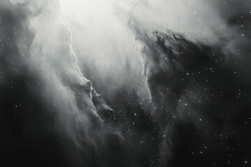 Wall Mural - A grayscale image showing a nebula with stars scattered among the light and dark areas of interstellar gas and dust.