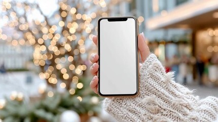 Mockup woman's hand holding using smart phone with white blank screen at Christmas light  background, mobile app design and advertising, online marketing