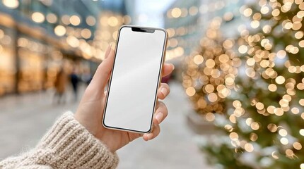 Mockup woman's hand holding using smart phone with white blank screen at Christmas light  background, mobile app design and advertising, online marketing