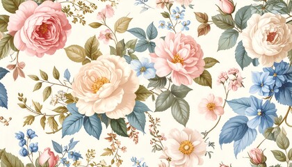  Delicate floral pattern with pastel roses and foliage
