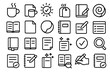 © Maxim Borbut - Minimal black outline productivity icon set featuring notebooks, documents, checklists, steaming mug, tea bag, writing pen and magnifying glass on dark background – vector line style