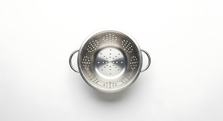 Overhead shot of a stainless steel colander with handles on a plain white background in studio lighting ai generated
