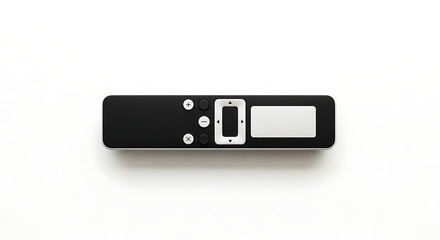 A top down view of a black rectangular device with buttons and a screen on a white background