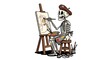 © Joao - A skeleton artist in a beret painting a ghost on a canvas with paints and brushes on a white background