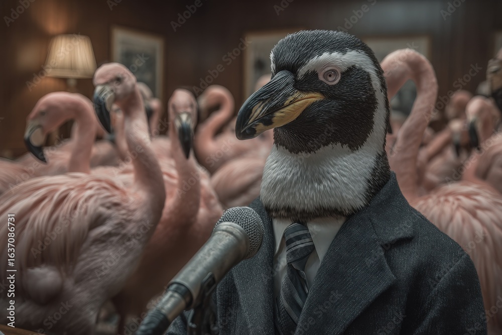 A penguin dressed in a suit stands at a podium with a microphone, addressing an audience of pink flamingos. The setting features warm lighting and a wooden interior, suggesting an elegant event.