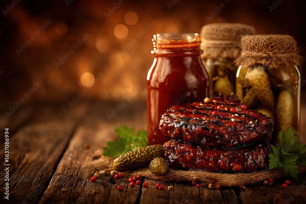 Two grilled patties coated in sauce sit on a natural fabric with pickles and jars of preserves nearby. The warm lighting creates a comforting atmosphere perfect for a home-cooked meal.