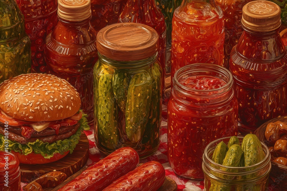 A vibrant table is filled with various homemade condiments, jars of pickles, rich sauces, and a colorful burger. The rustic setup showcases the bounty of fresh, flavorful ingredients.