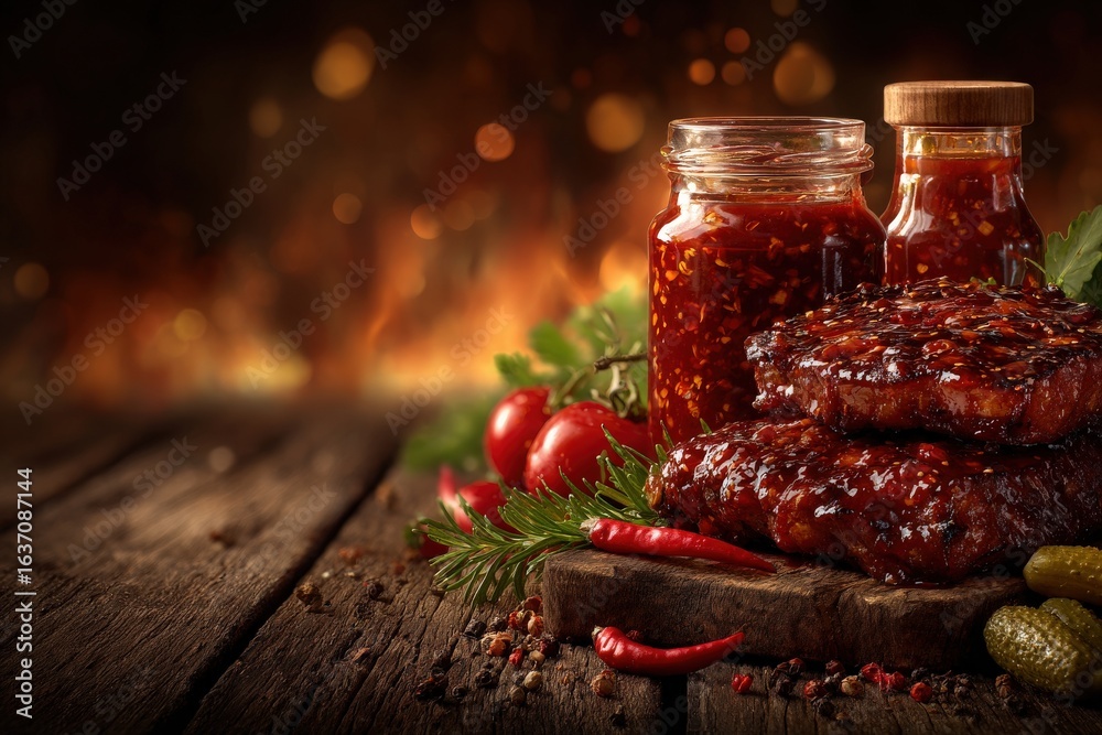 A barbecue platter features grilled meat coated in rich sauce, alongside jars of spicy sauce and fresh vegetables. The ambiance is warm, reminiscent of summer gatherings around a fire.