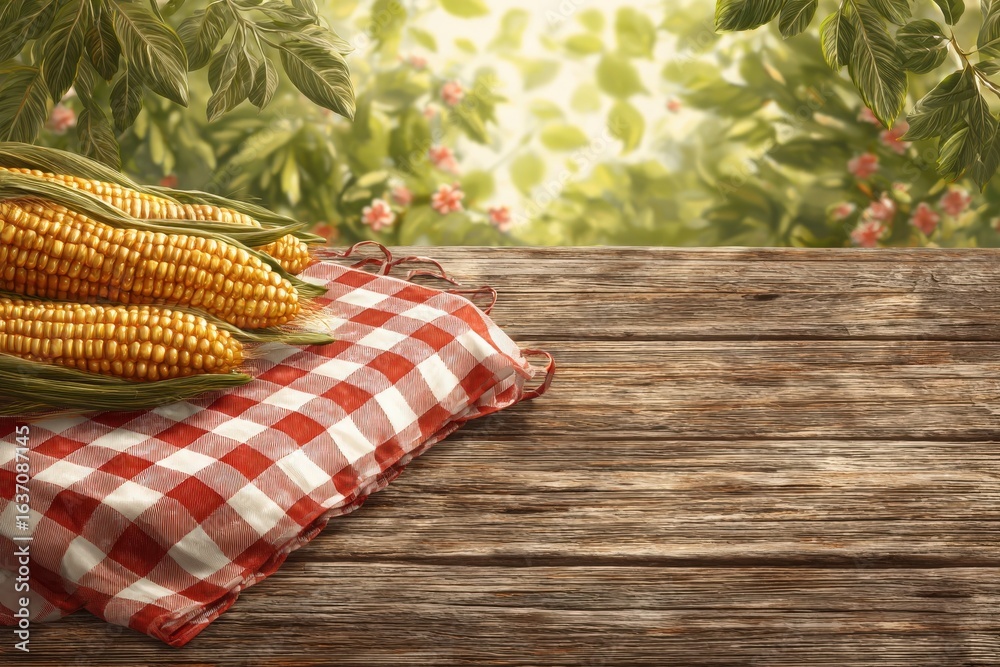 Fresh corn is arranged on a red and white checked cloth atop a wooden table. A blurred background of greenery and flowers enhances the natural setting, suggesting a warm, outdoor atmosphere.