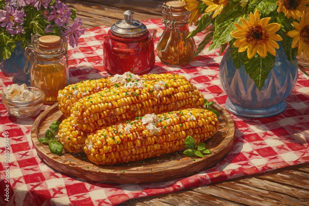 Three ears of corn are laid on a wooden platter at a lively picnic. Surrounding items include jars of honey, flowers, and a small dish of butter, creating a cheerful atmosphere.