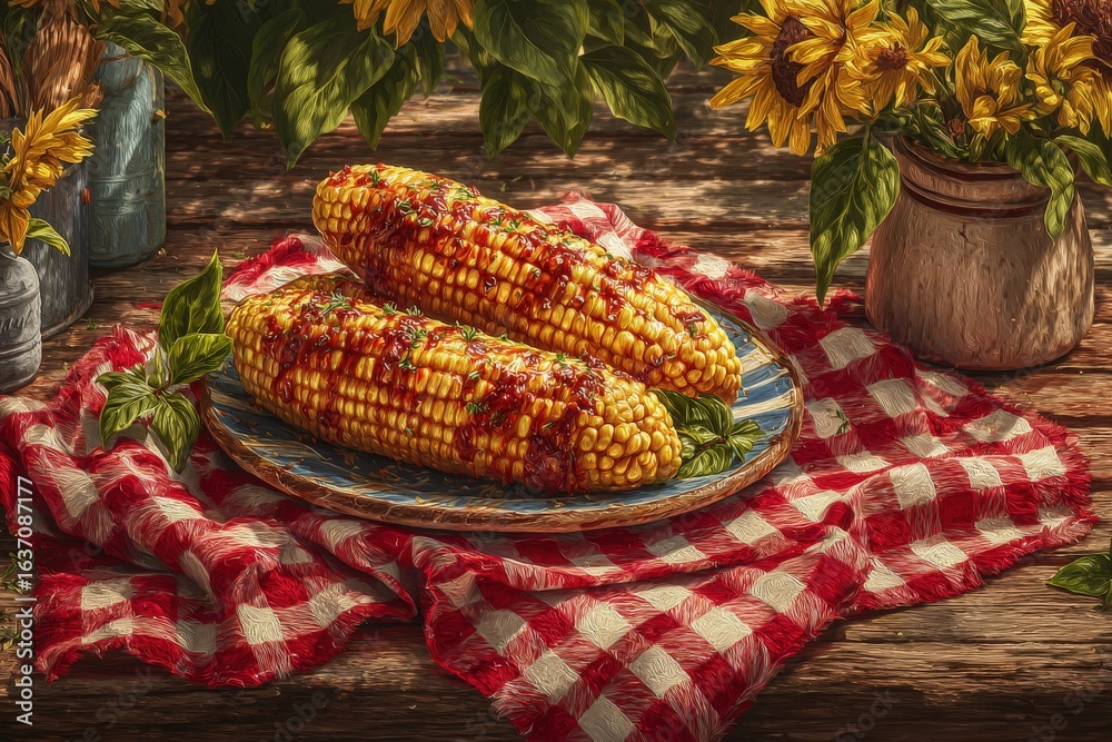 Two ears of grilled corn on the cob are topped with vibrant sauces and placed on a decorative plate. Sunflowers and a checkered cloth add charm to this inviting outdoor setting.