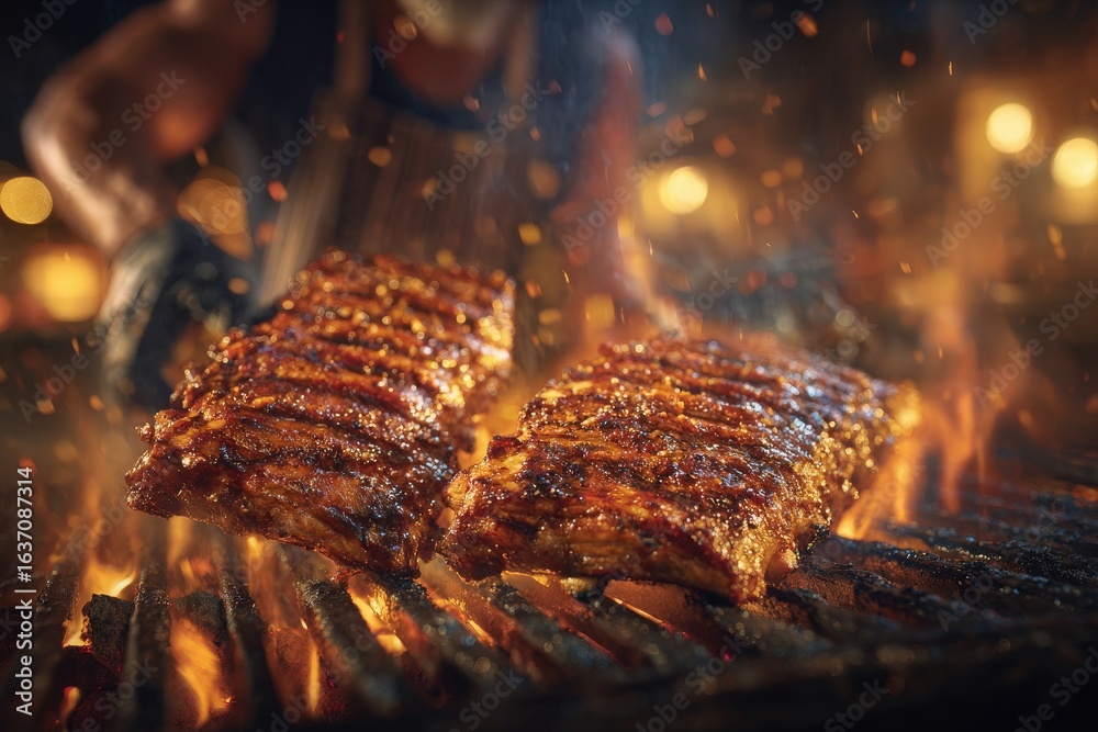 Juicy ribs are being grilled over a roaring fire, creating a smoky atmosphere. The warm glow of the flames and the sizzling sound enhance the lively ambiance of the outdoor barbecue.