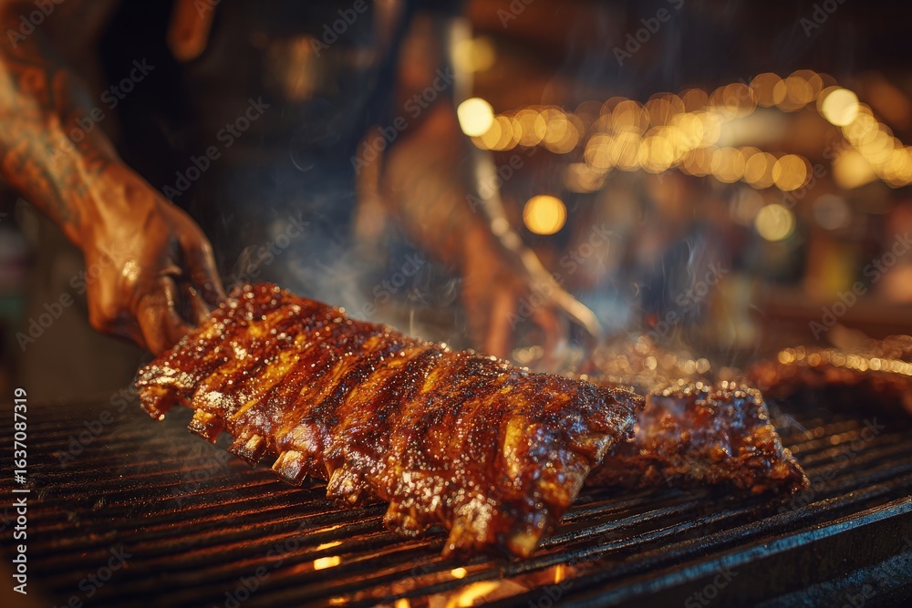 A skilled cook prepares succulent barbecue ribs on a grill during an outdoor event, surrounded by warm ambient lighting. The evening atmosphere enhances the culinary experience.