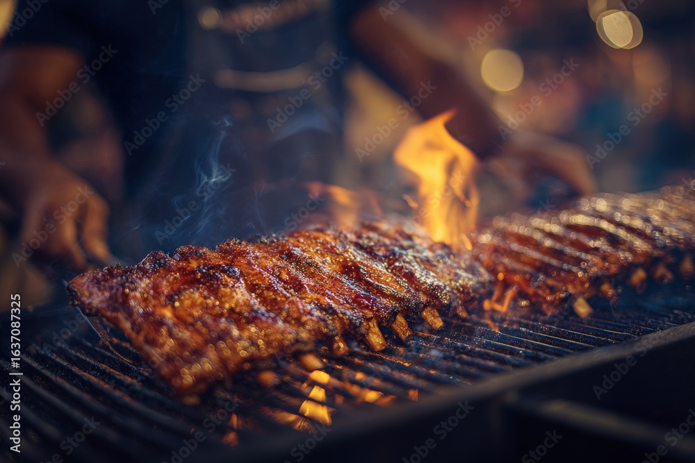 Juicy ribs are being grilled over an open flame at a lively outdoor event. Smoke rises and flames dance as a chef carefully tends to the meat, creating a delicious aroma that fills the air.
