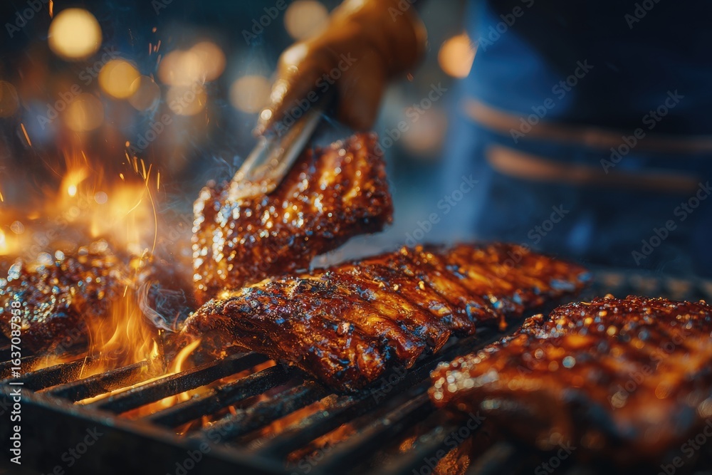 Tender ribs are being expertly grilled over an open flame, creating a burst of flavor as the meat caramelizes. The evening ambiance is enhanced by warm lights and a lively atmosphere.