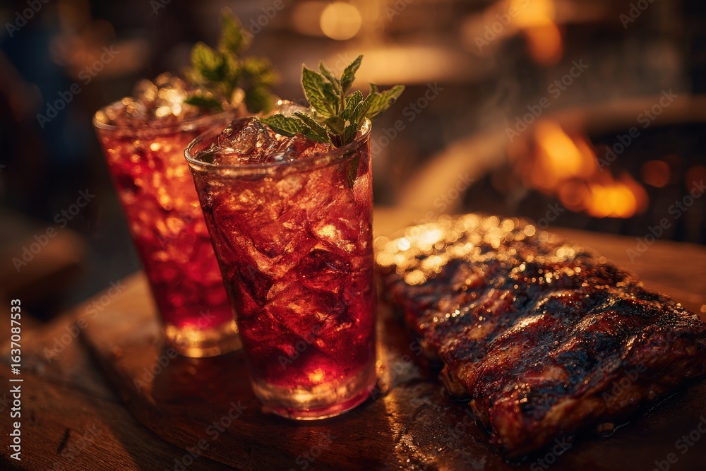 Two tall glasses filled with iced beverages sit next to a plate of grilled ribs. The setting is warm and inviting, perfect for a summer barbecue with friends and family.