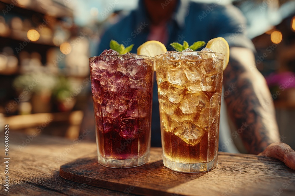 Two tall glasses filled with ice showcase colorful summer beverages. One glass contains a dark purple drink, while the other features a golden beverage.