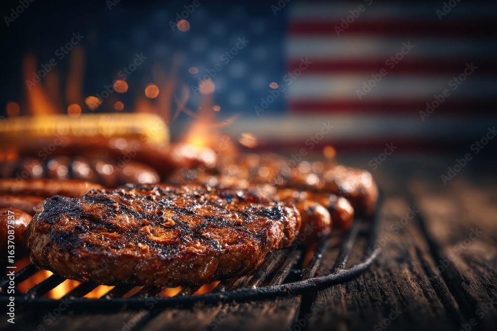 Flames rise as burgers and sausages sizzle on the grill against a backdrop of the American flag, evoking a festive outdoor atmosphere, perfect for summer gatherings and celebrations.