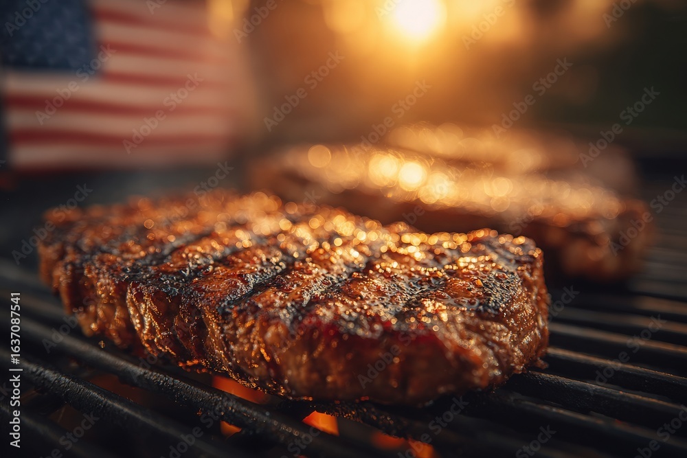 Juicy steaks sizzle on a barbecue grill as the sun sets, creating a warm, golden glow. A flag softly flutters in the background, enhancing the summer evening atmosphere.
