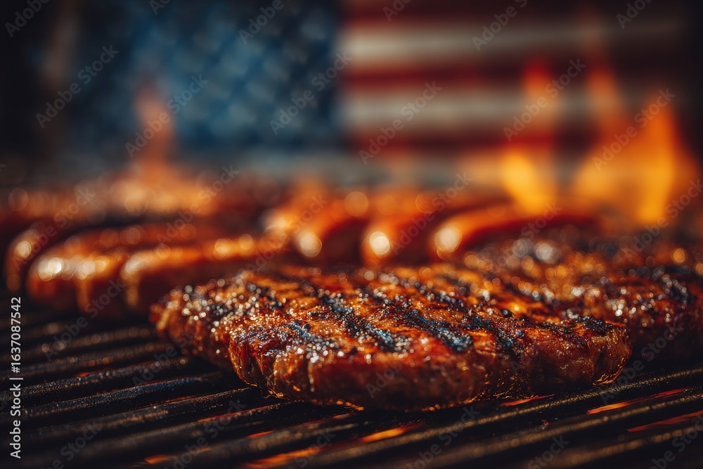 Juicy steaks sizzle on a grill, the flames rising against a backdrop of the American flag. This summer barbecue atmosphere invites appetites and camaraderie among friends and family.