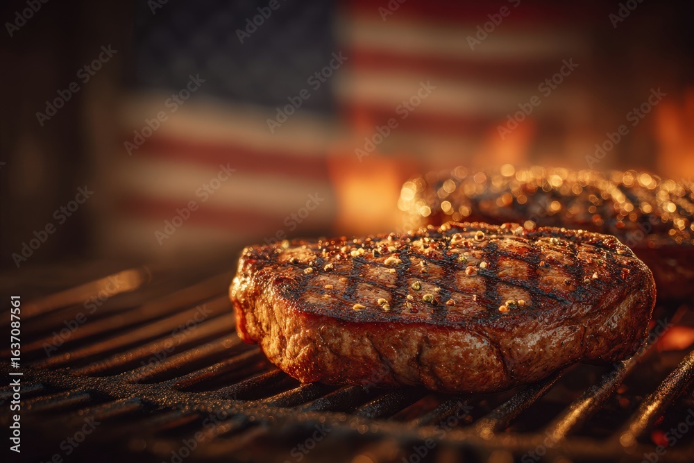 Two perfectly seared steaks are cooking on a grill, illuminated by warm flames, with an American flag softly waving in the background, creating a festive summer atmosphere.
