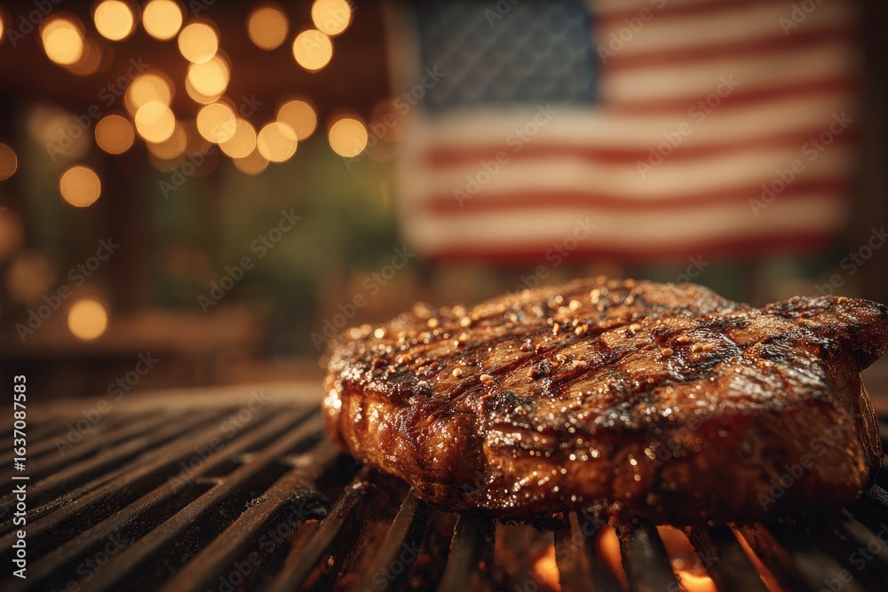 A perfectly grilled steak lies on the barbecue grill, surrounded by warm, glowing lights. An American flag hangs in the background, creating a festive outdoor atmosphere perfect for gatherings.