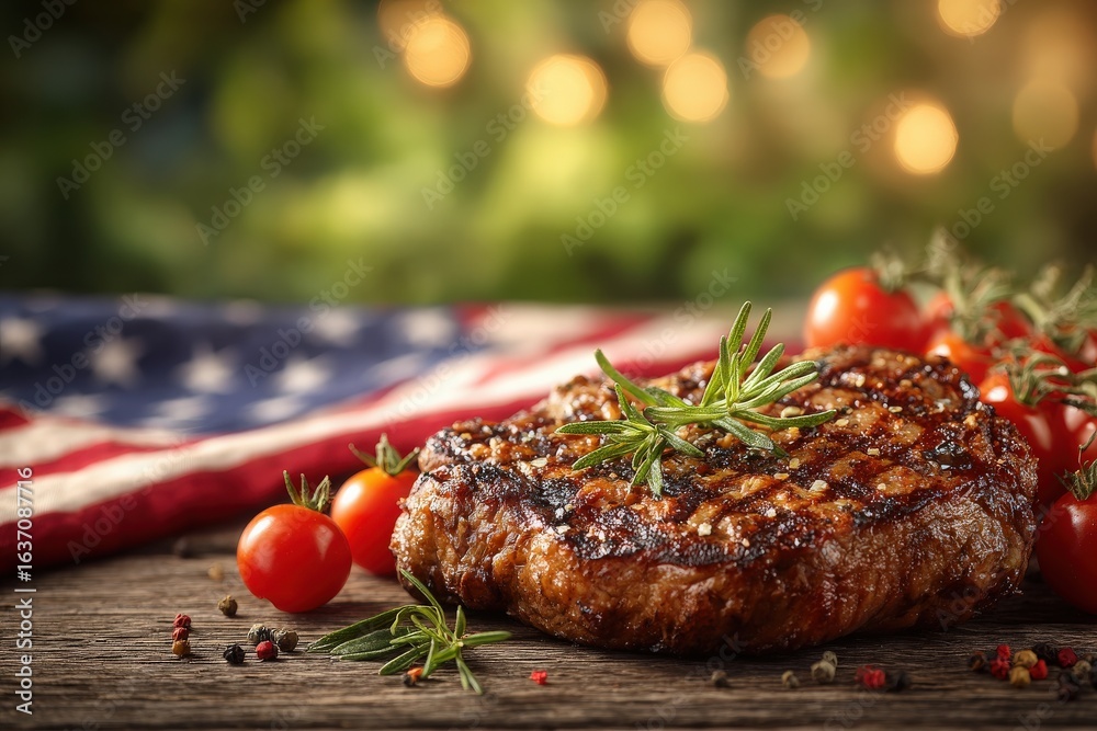 A perfectly grilled steak rests on a wooden table with fresh cherry tomatoes and herbs, while an American flag softly blurs in the background, creating a warm, patriotic vibe.