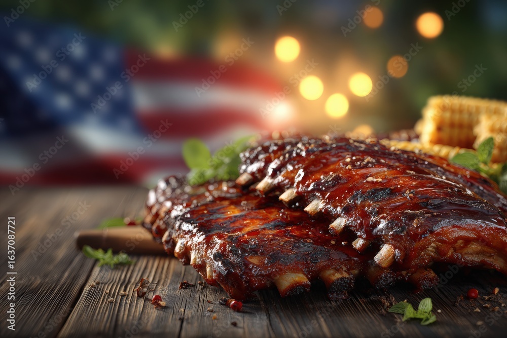 Juicy barbecue ribs coated in rich sauce sit on a rustic wooden table. Behind, a vibrant American flag adds a touch of patriotism, perfect for summer barbecues or festive occasions.