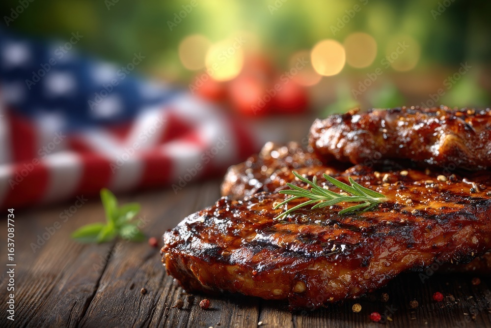 Grilled steaks glisten with barbecue sauce on a rustic wooden table, complemented by a vibrant American flag in the background. This summer barbecue scene invites appetites and celebration.