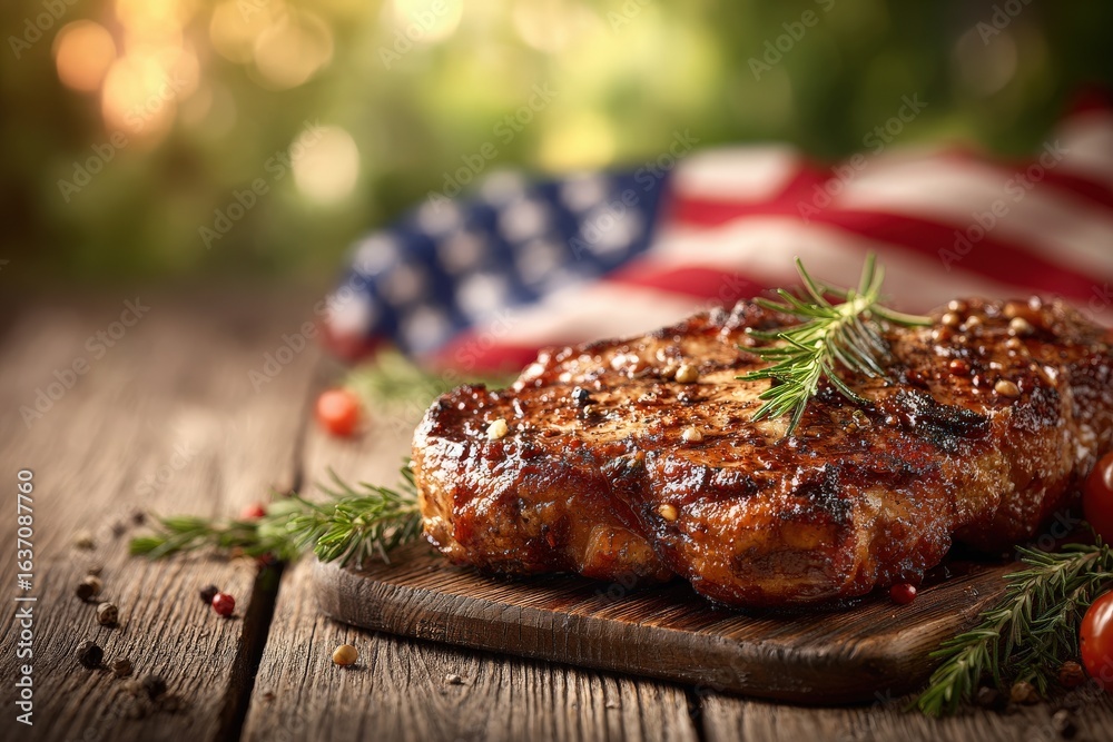 A deliciously grilled steak rests on a rustic wooden board, adorned with fresh herbs. The vibrant colors of the American flag subtly peek from the background, adding charm and patriotism.