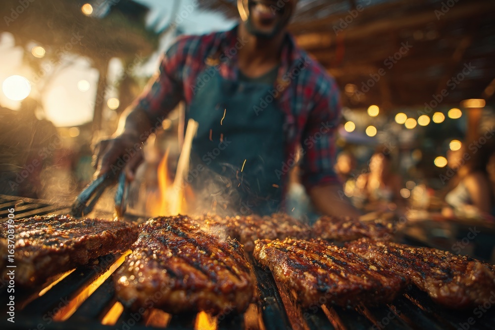 A chef flips marinated steaks on a grill, with flames rising. The warm glow of sunset creates a vibrant atmosphere, while guests enjoy the outdoor setting, savoring the aroma of grilled food.
