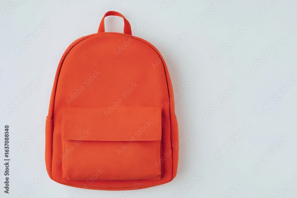 An orange backpack with a simple design sits against a clean white backdrop. It features a front pocket and a comfortable handle, making it suitable for everyday use or travel.