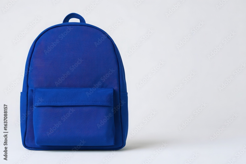 A vibrant blue backpack is displayed against a neutral background, highlighting its sleek design and spacious front pocket. The backpack is suitable for daily use and travel.