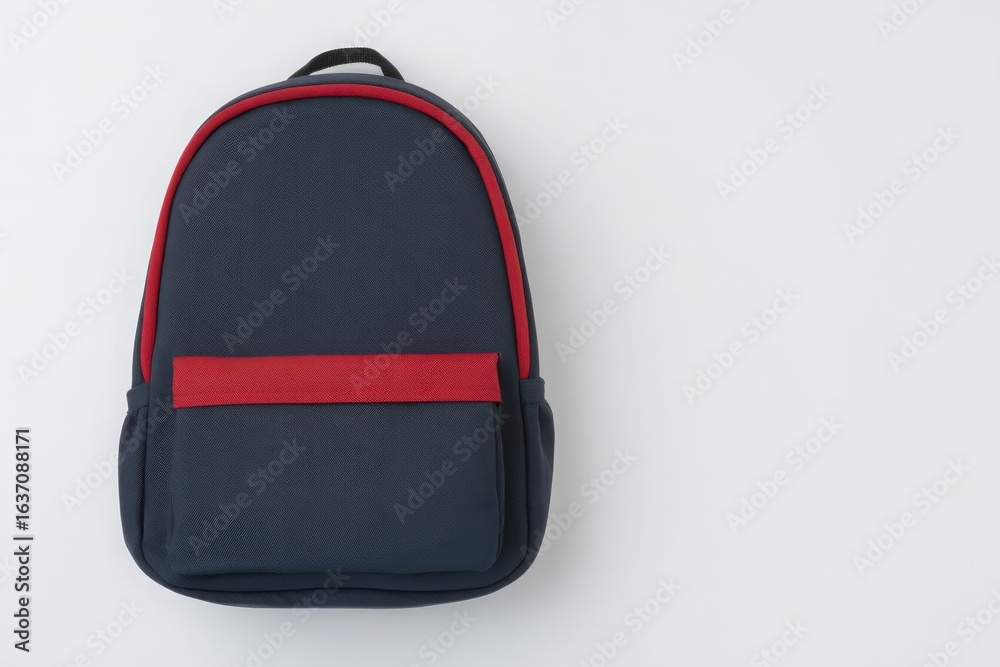 A navy blue backpack with a bold red front pocket is centered on a plain white surface. The design features a simple and modern aesthetic, suitable for school or travel use.
