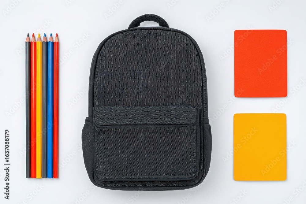 A black backpack sits in the center of a clean, white surface, flanked by rows of colored pencils in red, blue, yellow, and orange.