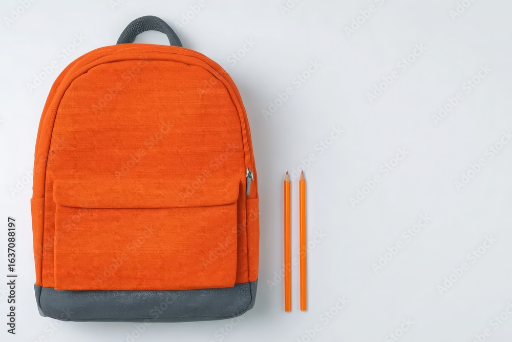 An orange backpack with a gray bottom is placed against a white surface. Next to the backpack, there are two matching orange pencils. The setting is minimalistic and brightly colored.