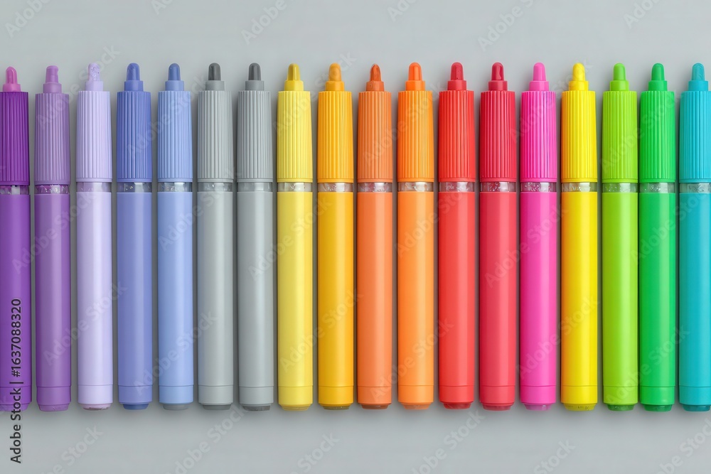 Various markers in shades from purple to yellow, orange, and green are neatly lined up. The arrangement showcases a smooth gradient effect on a light surface, highlighting the vibrant colors.