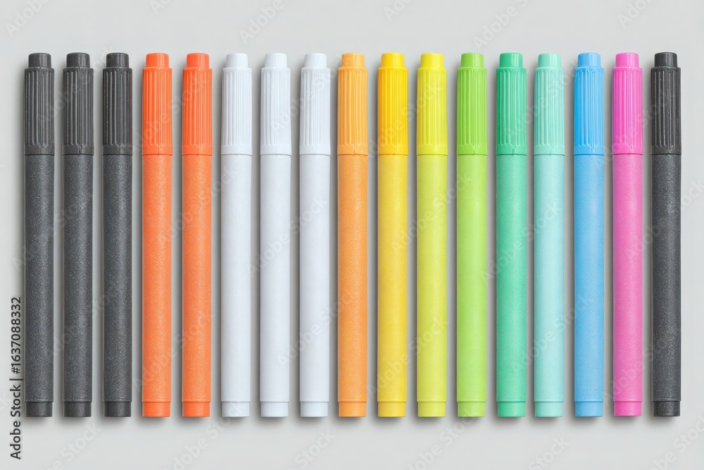 A selection of vibrant markers arranged neatly in a row. Black, orange, white, yellow, green, and pink markers are present, showcasing various colors for artistic projects and creative expression.