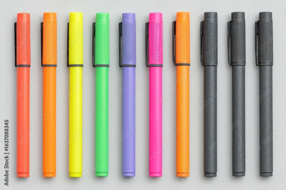 A vibrant selection of markers in various colors arranged neatly in a row. The bright hues include yellow, green, orange, purple, and black, showcasing their suitability for creative projects.