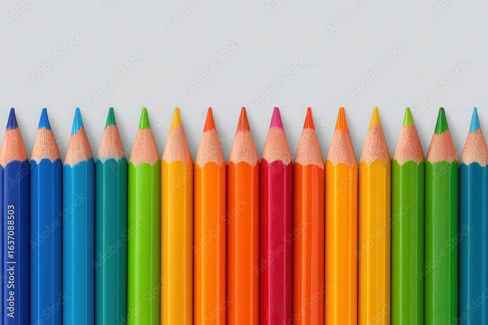 A vibrant array of sharpened colored pencils arranged horizontally on a light background. Each pencil showcases a different color, creating a visually appealing gradient effect.