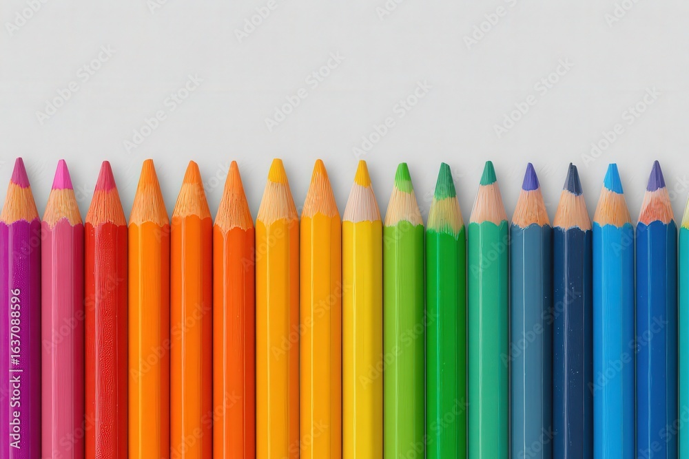 A vibrant array of sharpened colored pencils is neatly arranged in a gradient, showcasing shades from pink to purple. The pencils are placed on a clean white surface, emphasizing their bright colors.