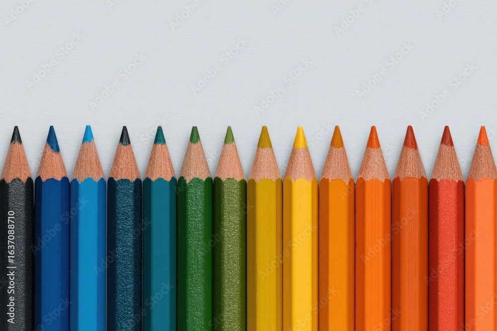 A vibrant collection of colored pencils is arranged in a straight line against a light background, showcasing a spectrum of colors from dark to bright shades.