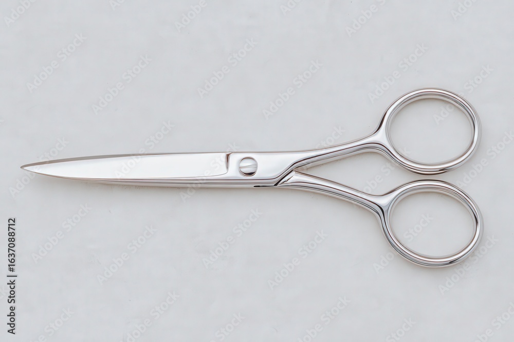 A pair of polished stainless steel scissors rests on a light surface, showcasing its sharp blades and comfortable finger holes, ideal for various cutting and crafting activities.