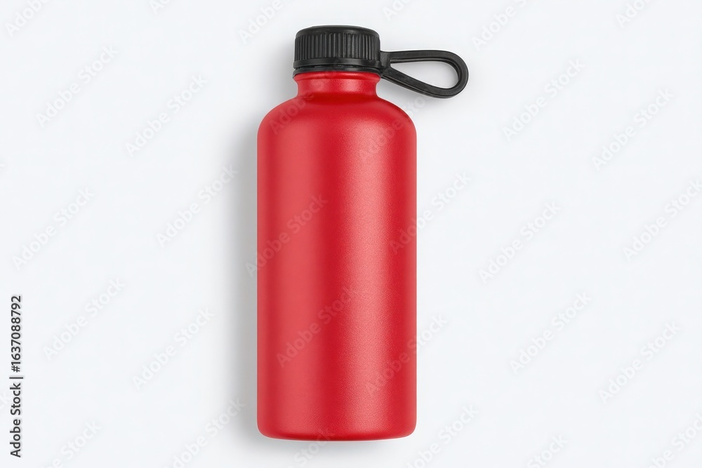 A bright red reusable water bottle with a black cap is positioned vertically on a plain white background. The design is simple and modern, suitable for daily hydration.