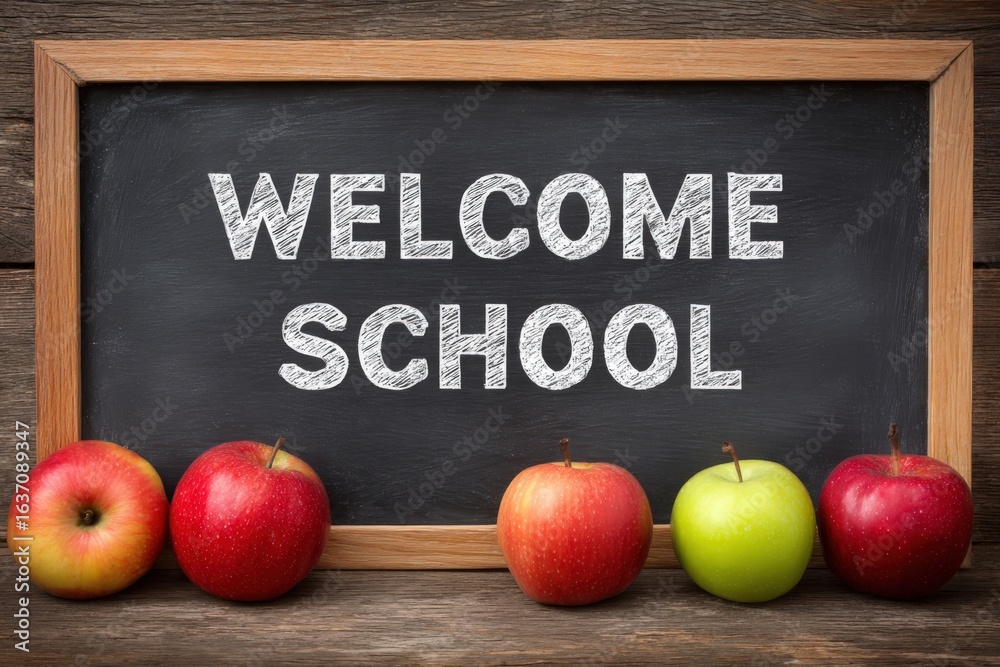 A chalkboard displays the words welcome school, surrounded by five fresh apples of different colors. The setting conveys a warm, inviting atmosphere suitable for educational events.
