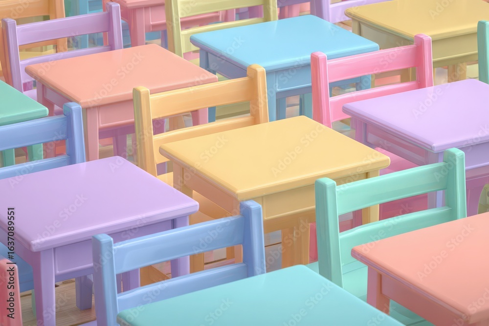 Brightly colored tables in pastel shades are arranged closely together, creating an inviting environment for children to engage in creative activities like drawing, crafting, and learning.