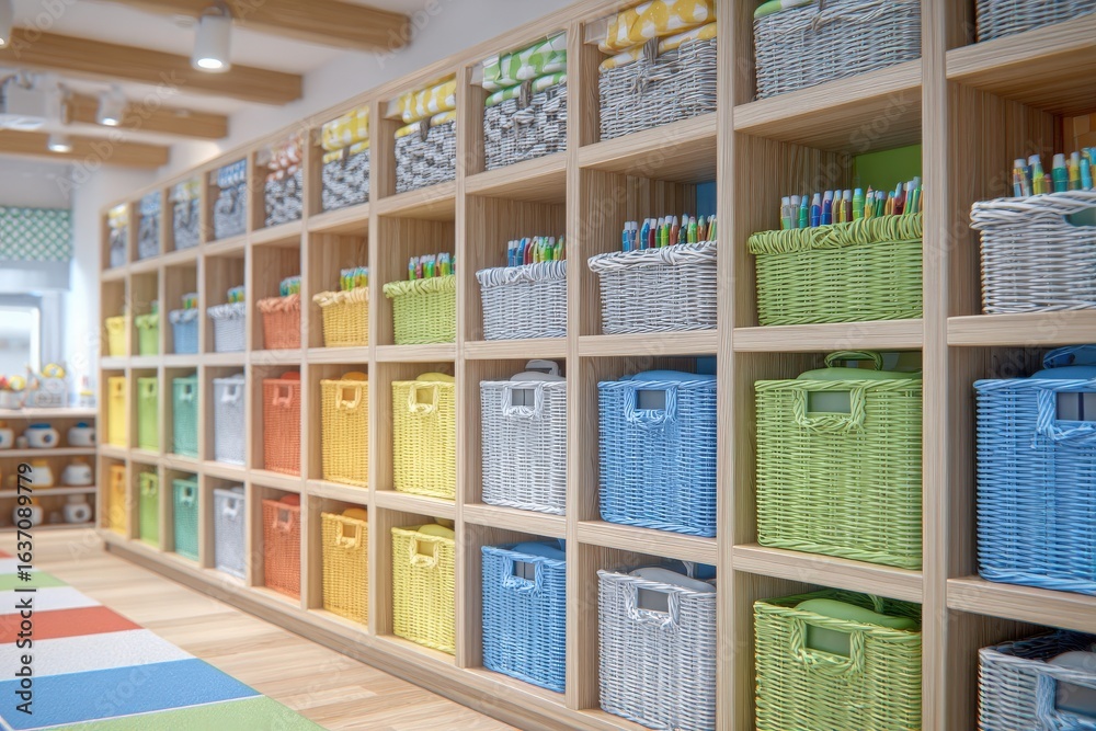 Shelves filled with neatly arranged wicker baskets in various colors enhance the storage area of a stylish room, featuring wooden beams and a vibrant rug, creating an inviting atmosphere.