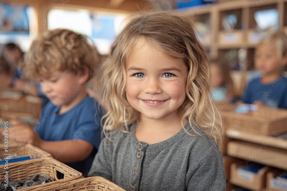 A young girl with curly hair and bright blue eyes smiles while holding a basket filled with items. Other children are engaged in similar activities in a warm, inviting classroom.